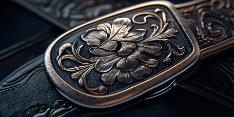 Close-Up Luxury Belt Buckle with Embossed Pattern