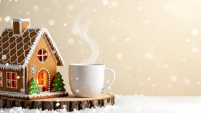 Steaming hot chocolate mug next to lighted gingerbread house with falling snow.