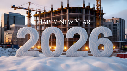 Happy new year 2026 message in snow at construction site during winter