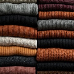 Various warm clothing items like wool sweaters, thick jackets, and knit accessories, neatly organized for a functional and fashionable winter wardrobe ,cozy ,winter ,style
