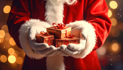 Christmas Gifts: A close-up view of a person wearing a Santa Claus suit, presenting festive gift boxes for the joyous holiday.