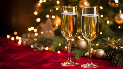Two glasses of champagne on a red table in front of a decorated christmas tree