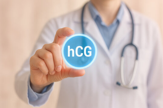 Medical professional holds glowing hCG symbol, representing hormone testing and health diagnostics. This captures essence of medical advancements and patient care