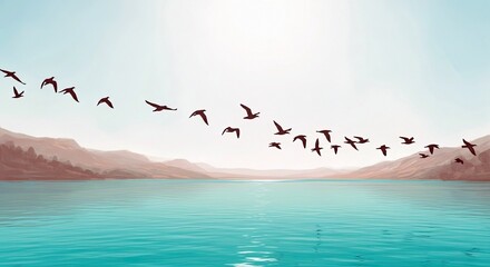 A flock of birds flies over a lake and mountains under a bright sky. The scene is serene and peaceful.