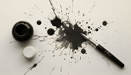 A fountain pen rests within a large black ink splatter next to an open inkwell on a white surface.
