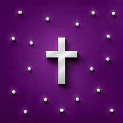 A silver cross is centered on a vibrant purple background, surrounded by small white pearls, creating a religious and elegant composition.