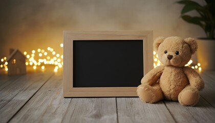 A cute teddy bear sits next to a wooden frame on a rustic wooden surface, with bokeh lights in the background.