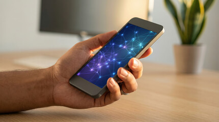 Hand holding smartphone displaying abstract network connections