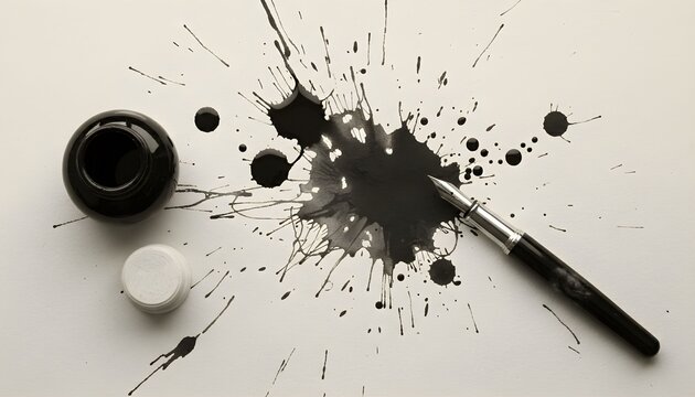 A fountain pen rests within a large black ink splatter next to an open inkwell on a white surface.