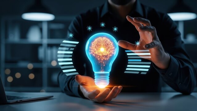 Creative Brainstorming: Man Holding Light Bulb with Brain Illustration - Powered by Adobe