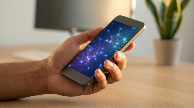 Hand holding smartphone displaying abstract network connections
