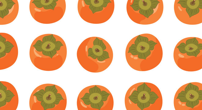 A simple and clean seamless pattern of ripe, round orange persimmon fruits arranged in a grid on a crisp white background.