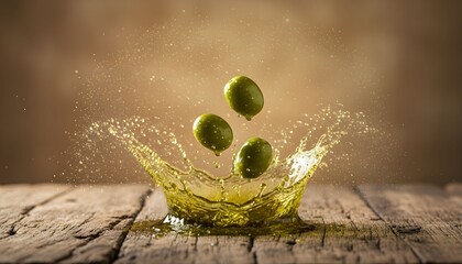 Three green olives splashing into a pool of golden olive oil on a rustic wooden table.