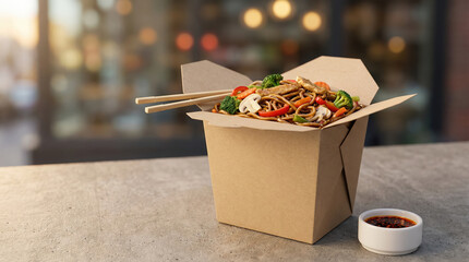 Classic Asian stir-fried noodles in a take-out box with dipping sauce