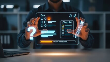 Businessman holding virtual screen with online quiz and checklist for form completion, modern technology in business