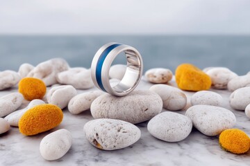 A silver ring with a blue stripe is displayed on a collection of white stones, with yellow elements, in an outdoor setting with a blurred ocean background.