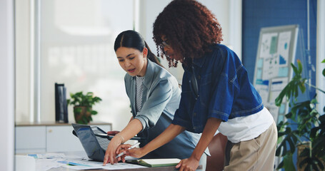 Discussion, solar panel or women with document for planning, sustainability project or eco friendly change. Green energy, company transformation or team talk for grid info, photovoltaic specs or tech