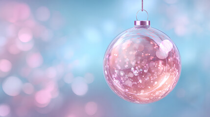 Digital Christmas ball on an elegant light blue background with pink bokeh. Technology and Happy holidays concepts. Xmas tech background. New year tree toy for decoration. Vector illustration Stock