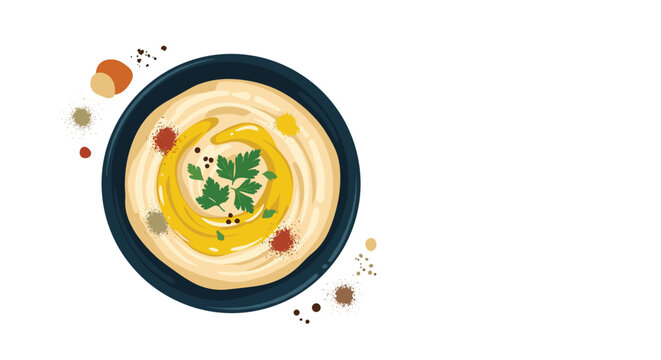 A top-down view illustration of a bowl of creamy hummus topped with olive oil, fresh parsley, and a sprinkle of spices.