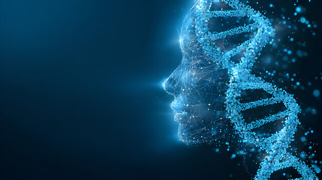 Digital Human face and DNA double helix on a blue technology background. DNA molecule hologram and AI robot head. Futuristic biotechnology and Science tech concept. Vector healthcare illustration.