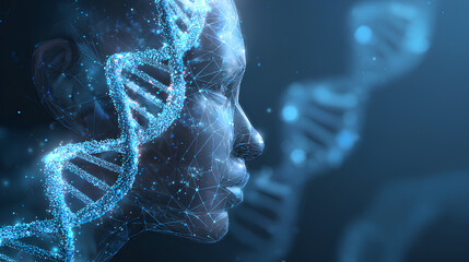 Digital Human face and DNA double helix on a blue technology background. DNA molecule hologram and AI robot head. Futuristic biotechnology and Science tech concept. Vector healthcare illustration.