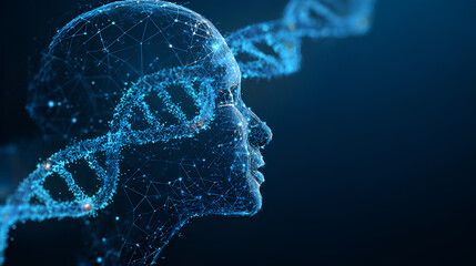 Digital Human face and DNA double helix on a blue technology background. DNA molecule hologram and AI robot head. Futuristic biotechnology and Science tech concept. Vector healthcare illustration.