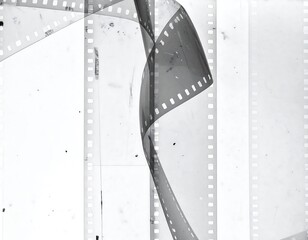 Obraz premium Black and white image of negatives arranged against a white backdrop. Film strips are curled and positioned to create an abstract composition