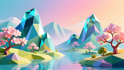 Low Poly Spring Geometric Landscape Illustration