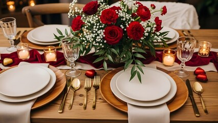 Rustic and Aesthetic Romantic Dinner Table Setting with Red Roses and Candles for a Special Occasion