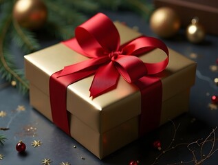 Elegant Gold Gift Box with Red Ribbon on Festive Holiday Background.