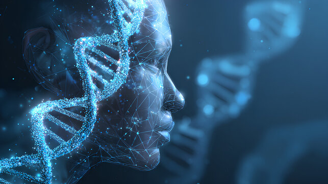Digital Human face and DNA double helix on a blue technology background. DNA molecule hologram and AI robot head. Futuristic biotechnology and Science tech concept. Vector healthcare illustration.
