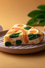A slice of frittata with spinach, tomatoes, and eggs is presented on a plate. The image is a close-up with warm lighting.