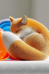 A fluffy orange fox is curled up asleep on a white surface, with colorful spheres in the background. The scene is lit with soft, diffused lighting.