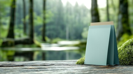 A blank calendar stands on a wooden table, with a blurred forest background and natural light.