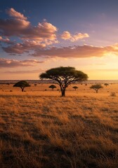 Vast African bushveld landscape at sunset, featuring scattered acacia trees, golden dry grass, and a vibrant sky over rolling plains ,vast ,trees ,vibrant