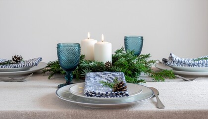 Festive Christmas table setting with white candles and pine wreath