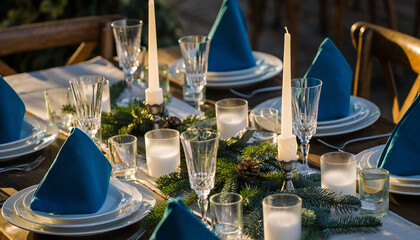 Festive Dining Elegant Table Setting with Candles, Napkins, and Greenery for a Celebration