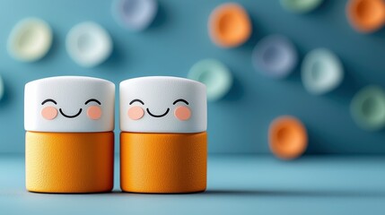 Two smiling pill characters with rosy cheeks stand together against a blue background, surrounded by blurred colorful shapes. The image evokes a cheerful and fr