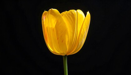 Close-up of a single, vibrant yellow flower in full bloom, illuminated against a stark black background