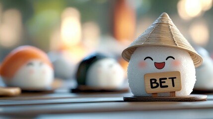 A cute cartoon sushi character wearing a hat and holding a sign that says 'BET', smiling on a wooden table. Other sushi characters are in the background.