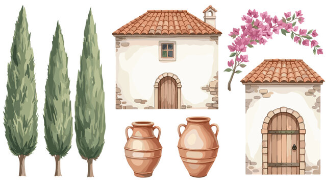 Watercolor collection of rustic Mediterranean elements, including a Tuscan villa, cypress trees, bougainvillea, and clay pottery.