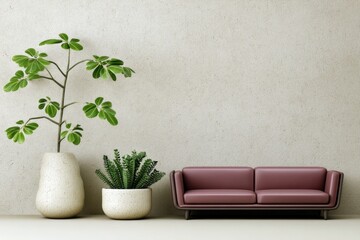 A modern interior design featuring a maroon sofa, decorative plants in vases and pots, and a neutral wall. The scene is minimalist and well-lit.