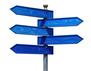Directional blue signs on a silver post, multiple arrows