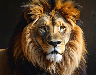 Fototapeta premium A close-up of a majestic lion's face, displaying rich colors and detailed fur, staring directly forward with a regal presence