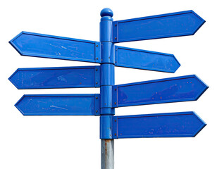 Blue directional signpost, multiple arrows, isolated