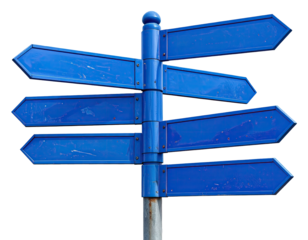 Blue directional signpost, multiple arrows, isolated