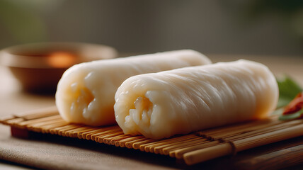 vegan rice rolls on bamboo mat shallow focus