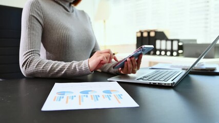 Businesswoman hand working digital marketing media in virtual screen with mobile phone and modern compute - Powered by Adobe