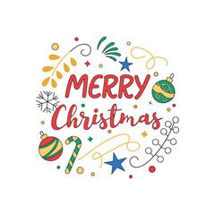 &ldquo;Vibrant colorful &lsquo;Merry Christmas&rsquo; typography logo, bold playful letters in gradient red, green, gold, and blue, surrounded by multicolor stars, snowflakes, candy canes, ornaments, confetti shapes, c