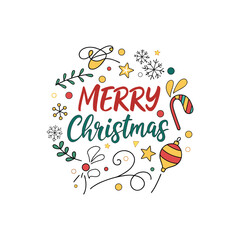 &ldquo;Vibrant colorful &lsquo;Merry Christmas&rsquo; typography logo, bold playful letters in gradient red, green, gold, and blue, surrounded by multicolor stars, snowflakes, candy canes, ornaments, confetti shapes, c